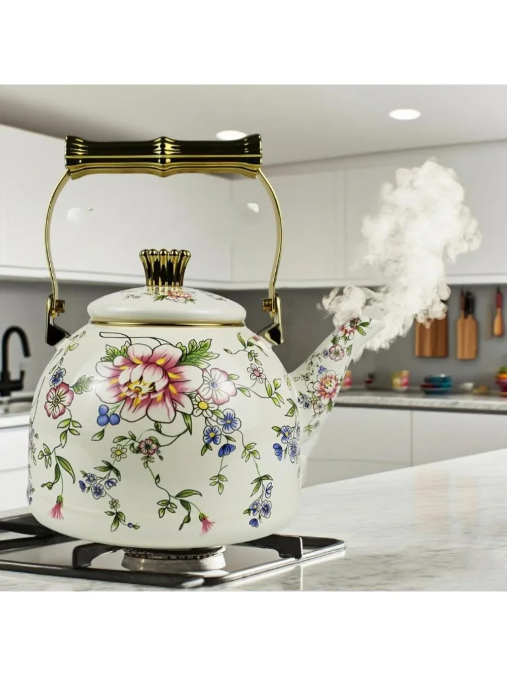 Vintage Floral Enamel Tea Kettle with Gold Handle, 2.5L Stovetop Teapot, Home